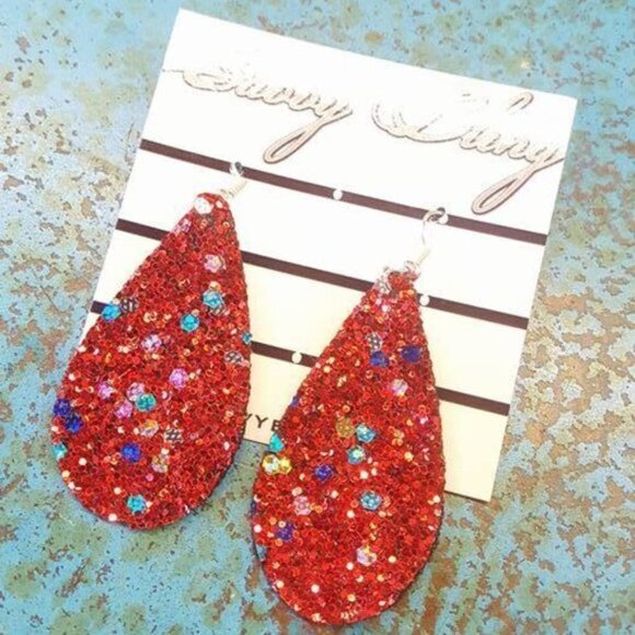 Red Glitter Canvas Teardrop Earrings Jewelry - Picture 2 of 2